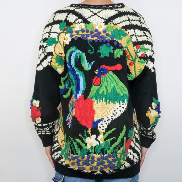 Vintage 90s Just Better Sweater designs by Lisa Coufal Rooster Cardigan Sweater - Picture 5 of 15